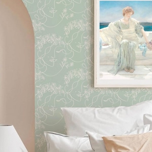 Continuous Line floral. Venus Aphrodite Bust. Mint Jade Green. Removable Smooth Pre-Pasted or Peel and Stick Faux Woven Wallpaper.