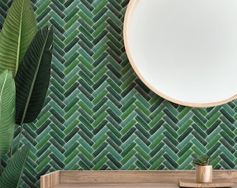 Brushed Watercolor Herringbone Tile Green_ Removable Smooth Pre-Pasted or Peel and Stick Faux Woven Wallpaper. Test Swatch