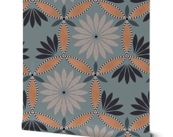 Art Deco Floral Wallpaper roll, Blue Gray Terracotta Geometric Wallcovering, Boho Eclectic Style