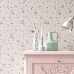 Vintage shabby chic rose floral wallpaper—cottagecore mini roses. Removable peel & stick, perfect for a grandmillennial bedroom or nursery!