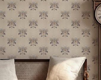 Vintage Block Print Floral Wallpaper in Beige - Country style Cottagecore Decor ( Peel and Stick option)
