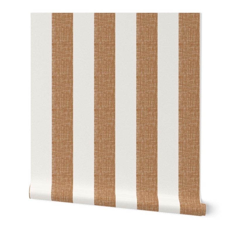 May include: A roll of wallpaper with a brown and white striped pattern. The stripes are a textured linen fabric.