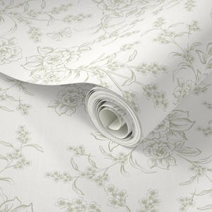 Off white and Aloe Wash green  Vintage Farmhouse Grandmillennial floral toile wallpaper Removable, pre-pasted, peel-and-stick.