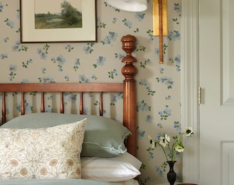 Ditsy Blue Floral Grandmillennial Style Wallpaper for sweet Girl's bedroom or baby nursery