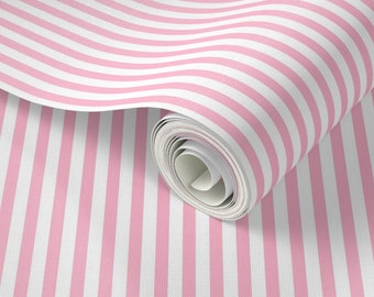 White and Pink traditional Classic stripe Wallpaper. Even Vertical Candy stripe  Pre-Pasted Peel and Stick Wallpaper. Swatch
