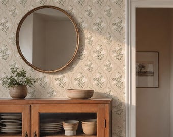 Beige Vintage Country florals grandmillennial wallpaper. Peel and Stick Wallpaper or Prepasted. CottageCore Floral