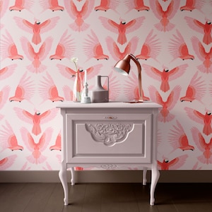 Exotic Birds of Paradise_Pink Parrot cockatoos tropical Wallpaper. Removable Smooth Pre-Pasted Wallpaper or Peel and Stick Wallpaper