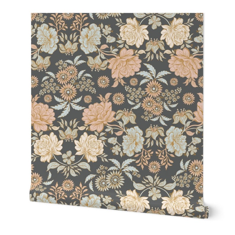 Moody Victorian Floral Wallpaper - Charcoal Gray, Removable image 3