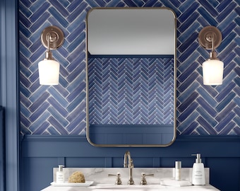 Brushed Watercolor Herringbone Tile in Indigo Navy Blue_ Removable Smooth Pre-Pasted or Peel and Stick Faux Woven Wallpaper. Test Swatch