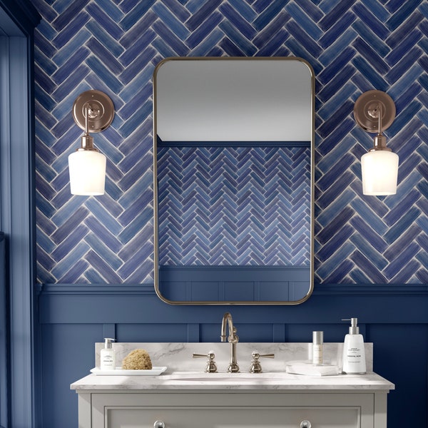 Brushed Watercolor Herringbone Tile in Indigo Navy Blue_ Removable Smooth Pre-Pasted or Peel and Stick Faux Woven Wallpaper. Test Swatch