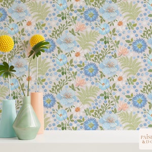 Light Blue Romantic Vintage Country Charm  Floral_ Removable Smooth Pre-Pasted or Peel and Stick Faux Woven Wallpaper