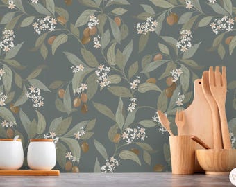 Olive Branch Wallpaper, Muted Teal, Sage Green Leaves, Peel and Stick