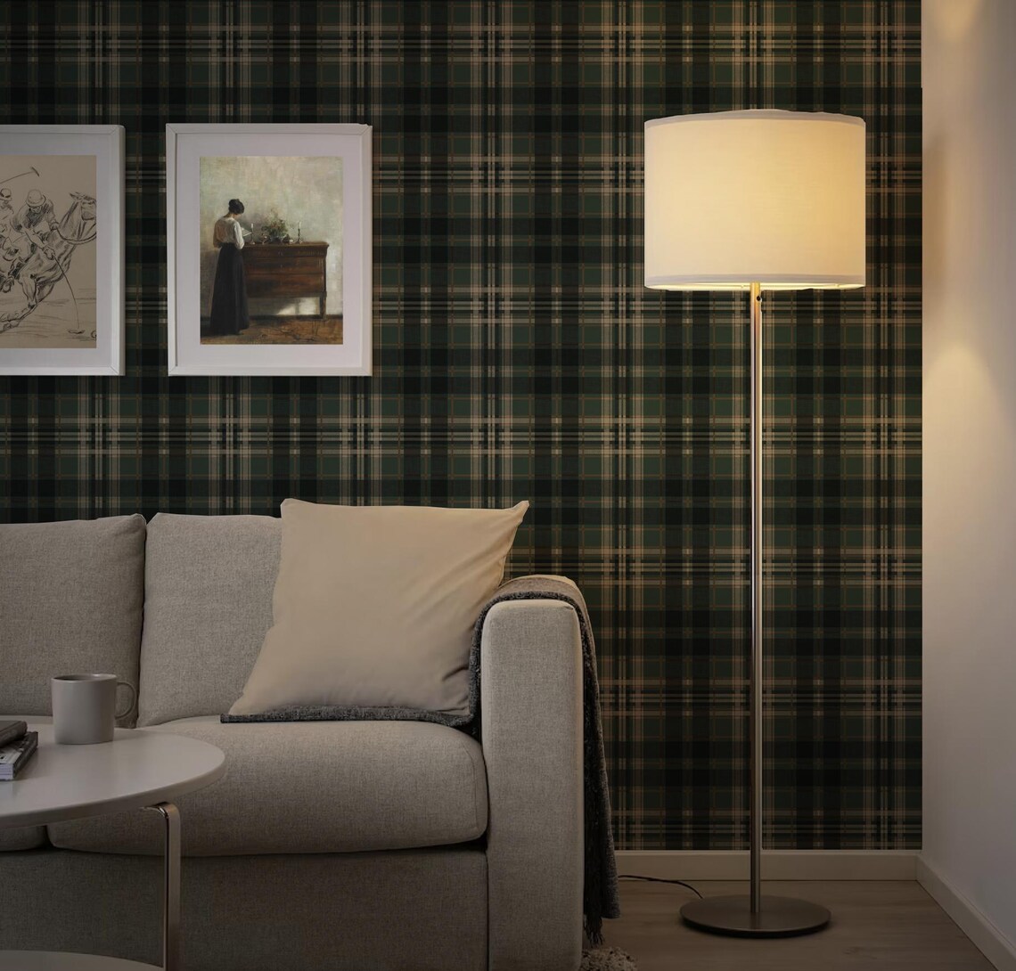 Dark Green Plaid Peel and Stick Wallpaper. Moody Cabin Tartan Plaid ...