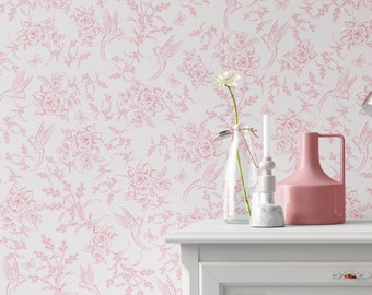 Vintage country charm grandmillennial toile in Pink. Removable Smooth Pre-Pasted Wallpaper or Peel and Stick Faux Woven Wallpaper