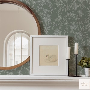 Vintage Country charm grandmillennial Dusty Green Muted. Removable Smooth Pre-Pasted Wallpaper .Peel and Stick Wallpaper CottageCore