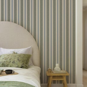 Wordly Textured linen Stripe Wallpaper in Sage green and Blue_Removable  Peel and Stick vintage striped Wallpaper for wall decor ideas.