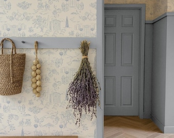French Country Scene Toile Wallpaper,  Blue Farmhouse wallpaper roll, Provence Peel and Stick and PrePasted