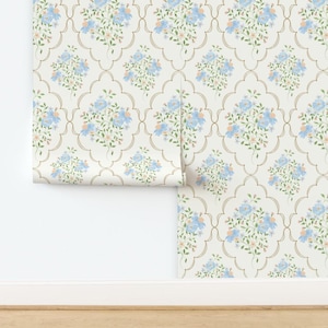 Blue and Cream Country florals grandmillennial wallpaper. Removable Smooth Wallpaper or Peel and Stick Wallpaper Traditional CottageCore