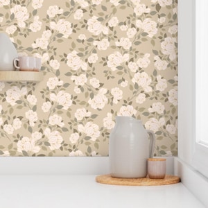 Cream White Rose Floral Wallpaper for Neutral Farmhouse CottageCore . Calming Vintage floral Removable Peel and Stick Wallpaper.