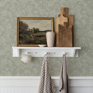 Dusty Olive Vintage Farmhouse Grandmillennial floral toile wallpaper in Eucalyptus Green. Removable, pre-pasted, peel-and-stick.