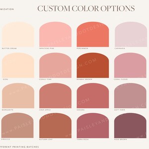 May include: A color palette sampler with 24 different shades of pink, red, brown, and beige. The colors are arranged in a grid of four rows and six columns. Each color is displayed in a semi-circular shape. The text "CUSTOM COLOR OPTIONS" is at the top of the image. The text "COLOR PALETTE 401" is at the bottom of the image.