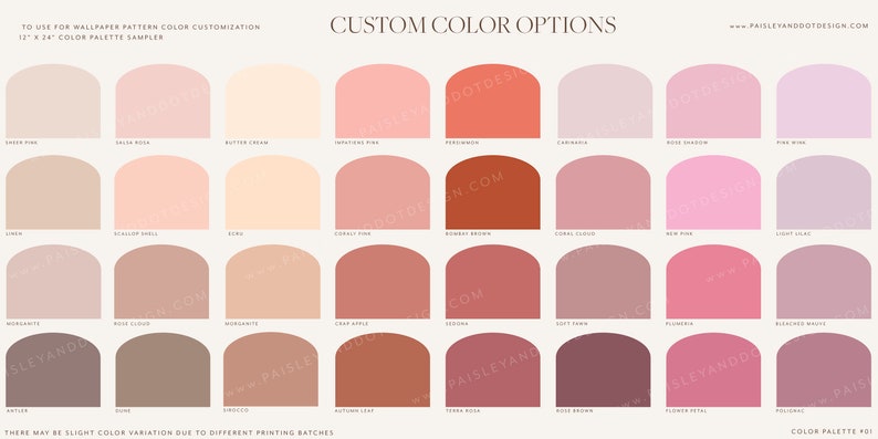 May include: A color palette sampler with 24 different shades of pink, red, brown, and beige. The colors are arranged in a grid of four rows and six columns. Each color is displayed in a semi-circular shape. The text "CUSTOM COLOR OPTIONS" is at the top of the image. The text "COLOR PALETTE 401" is at the bottom of the image.