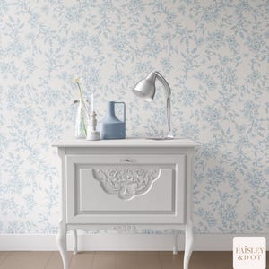 Vintage Country charm grandmillennial toile in Bridal Baby Blue. Removable Smooth Pre-Pasted Wallpaper .Peel and Stick Wallpaper CottageCore