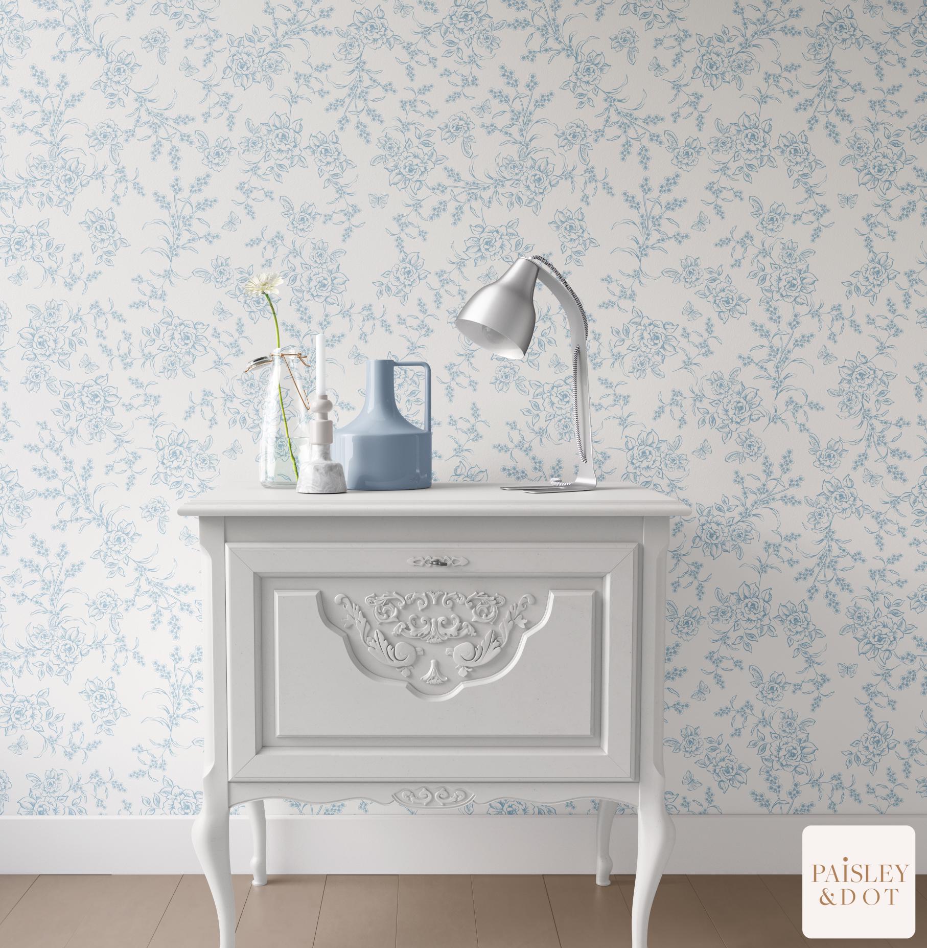 Vintage Country charm grandmillennial toile in Bridal Baby Blue. Removable Smooth Pre-Pasted Wallpaper .Peel and Stick Wallpaper CottageCore