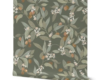 Olive Green leaf nature Wallpaper for a focal wall and calm room decor.