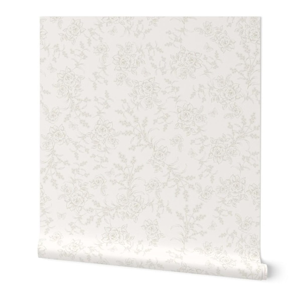 Pretty Vintage french country floral  Wallpaper in neutral cream Grandmillennial Toile  .Removable Peel-and-Stick nursery wallpaper idea