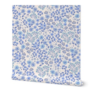 Vintage Cheerful Ditsy Blue floral large_ Removable Smooth Pre-Pasted or Peel and Stick Faux Woven Wallpaper.Kids Room or baby nursery decor