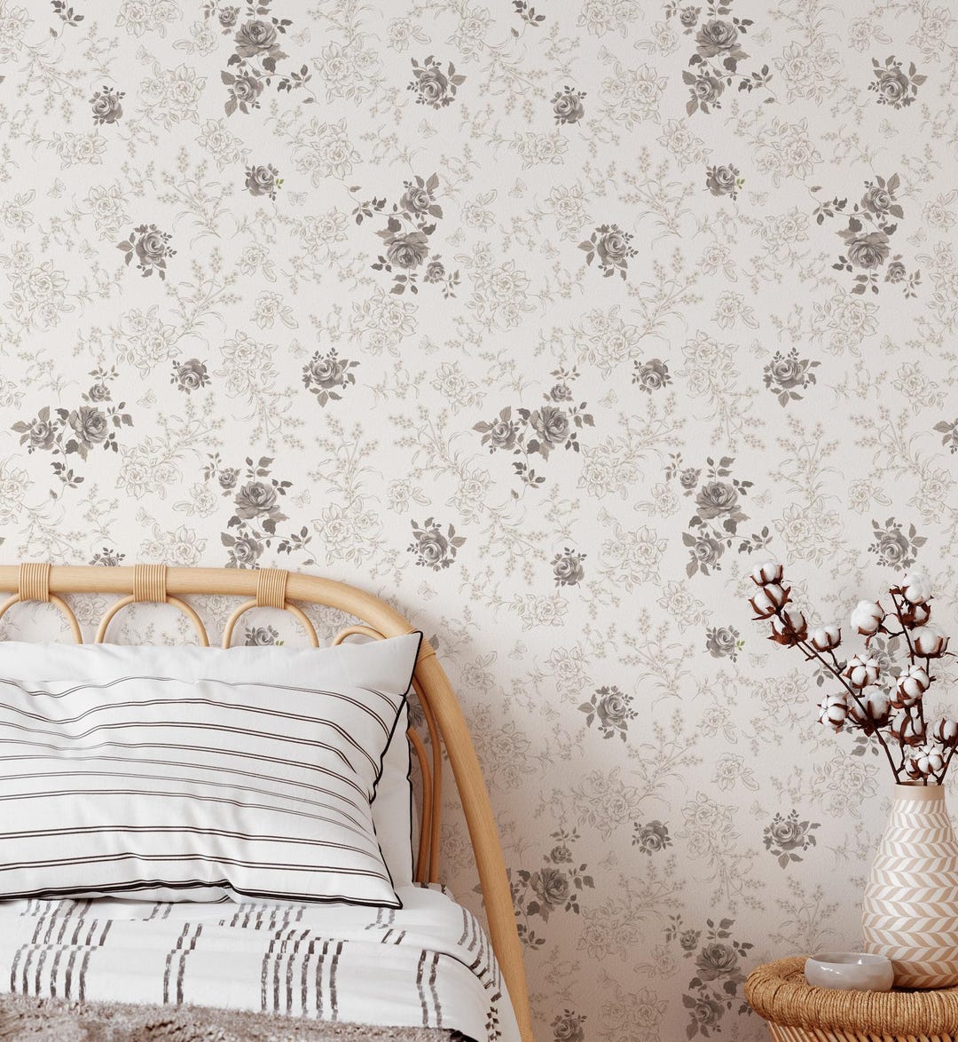 Floral Toile Peel and Stick Wallpaper - Vintage Taupe Rose Cottagecore ...