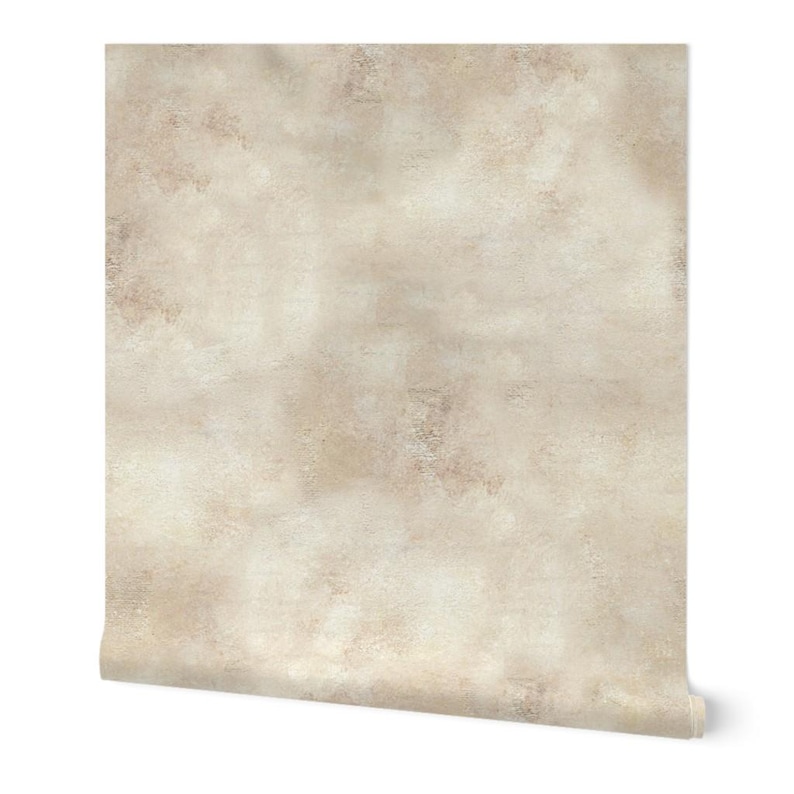 May include: A roll of wallpaper with a textured, mottled design in shades of beige, cream, and brown. The pattern has a subtle, aged appearance, with variations in color and texture. The roll is partially unrolled, revealing the pattern.