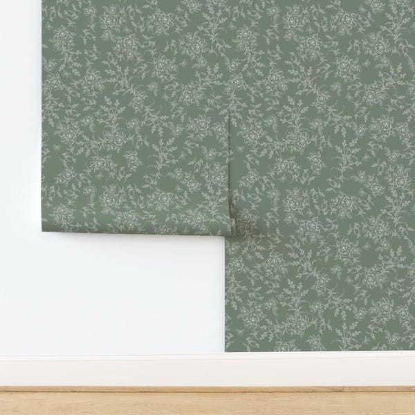 Dusty dark sage Green Toile Wallpaper roll. Vintage grandmillennial  Peel and Stick floral