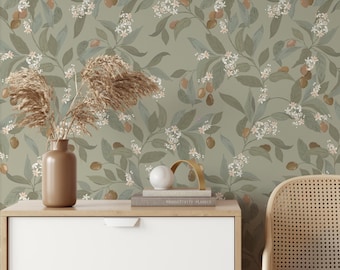 Sage Green Olive Branch Wallpaper - Peel and Stick Floral Accent