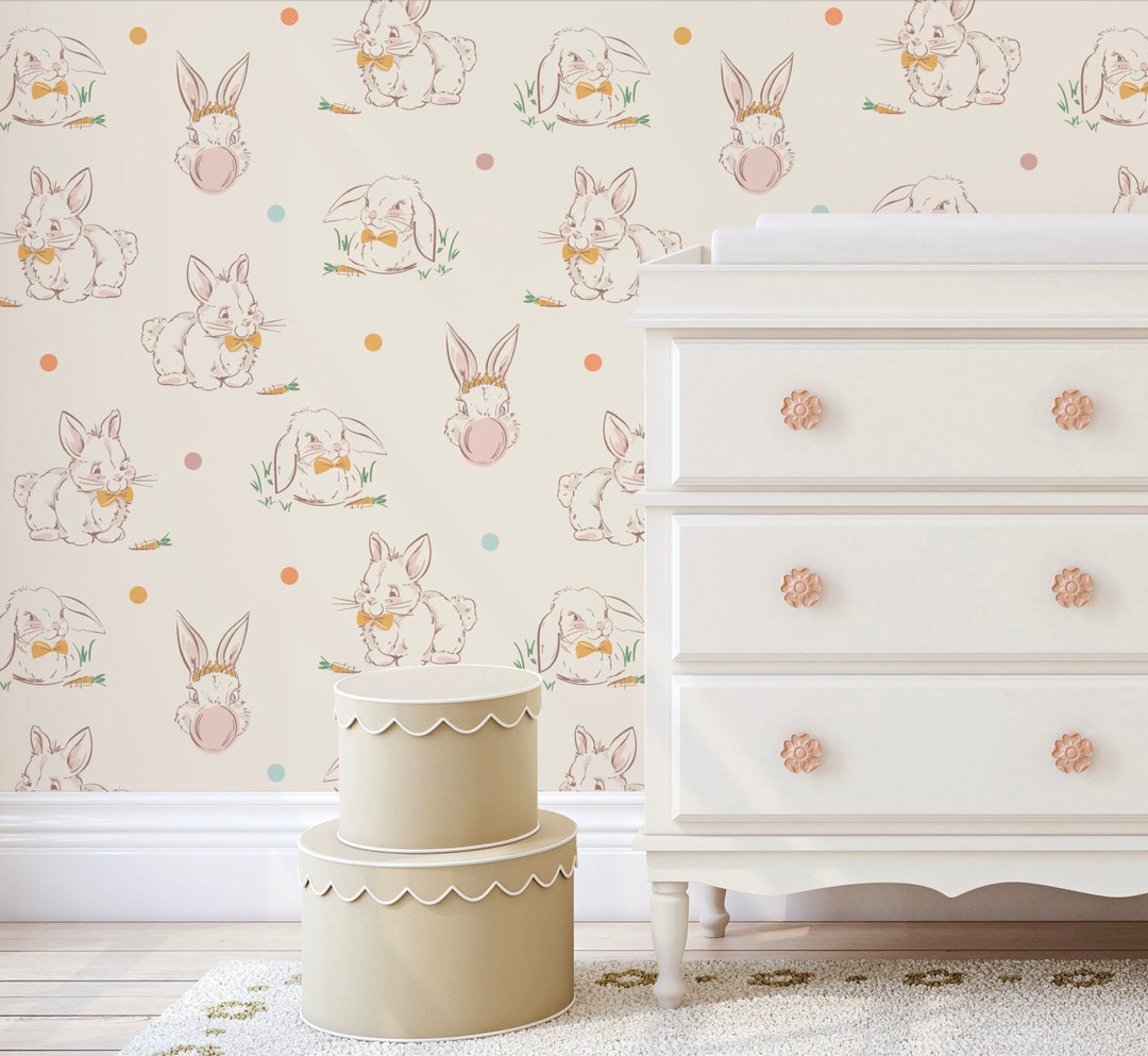 Bow Tie Bunny Nursery Wallpaper_ Removable Smooth Prepasted Wallpaper