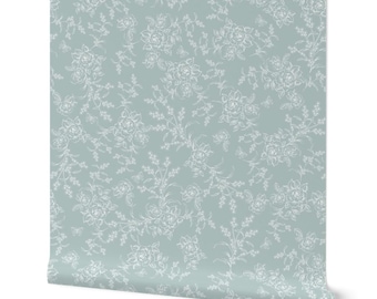 Sage Green vintage Heirloom floral Toile Wallpaper for French Country Style home. Peel and Stick option.