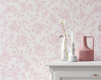 Vintage french country charm Grandmillennial toile.Removable Peel-and-Stick floral Pretty Pink Wallpaper. Coquette,Granny Chic nursery decor