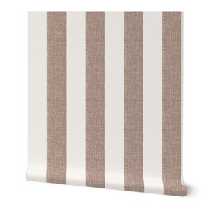 Neutral Off-White and Antler Brown Stripe Removable Peel and Stick wallpaper .Classic even stripe wallcovering . Custom recolor option.