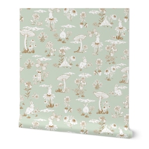 Woodland Bunny Toile for playroom or Baby Nursery offered in many colorways. Removable Peel and Stick Faux Woven Wallpaper
