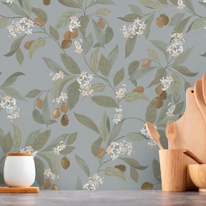 Dusty light blue and sage green leaf Wallpaper with Olive Branch design. Removable Peel and Stick Wallpaper idea for floral accent Wall