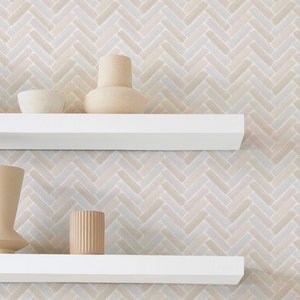 Light neutral Herringbone Tile wallpaper for Modern Farmhouse style. Removable Smooth or Peel and Stick Faux Woven Wallpaper. Test Swatch