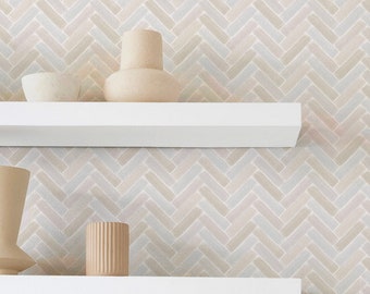 Farmhouse White neutral Chevron Herringbone Tile _ Removable Smooth Pre-Pasted or Peel and Stick Faux Woven Wallpaper. Test Swatch
