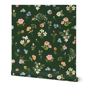 Moody Wildflowers variety in Dark Green. Field Florals Removable Smooth Pre-Pasted Wallpaper or Peel and Stick Faux Woven Wallpaper