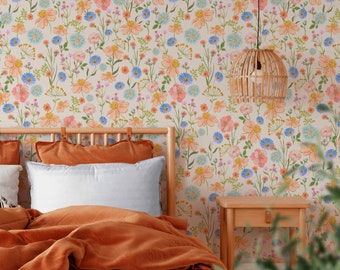 Wildflower florals_ Multicolor vintage ditsy Removable Smooth Pre-Pasted or Peel and Stick Faux Woven Wallpaper