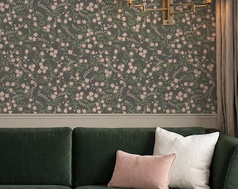 Moody Ditsy floral Vintage wallpaper for a Bedroom or elegant Powder room. Dusty Pink and green.