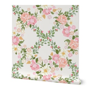 Grandmillenial Climbing Rose vine lattice trellis . Removable Smooth Pre-Pasted Wallpaper or Peel and Stick Faux Woven Wallpaper