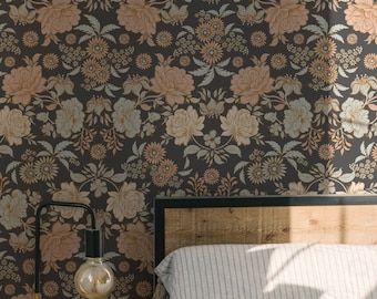 Moody Vintage Victorian Floral Blossoms on charcoal gray. Removable Smooth Pre-Pasted Wallpaper or Peel and Stick Faux Woven Wallpaper