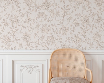 Vintage grandmillennial floral toile Wallpaper in Neutral Taupe. Heirloom Home Style Wallcovering. Removable Peel and Stick option.