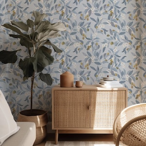 Dusty Blue Leaf Wallpaper design . Vintage floral vines Removable Peel and Stick Wallpaper .Traditional home DIY Accent wall Decor idea